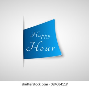 blue happy hour label inserted into paper on gray gradient background
