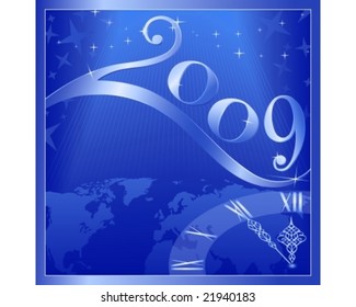 Blue 'Happy New Year 2009' card with a clock at 5 minutes to 12. Use of global colors, blends, linear gradients.