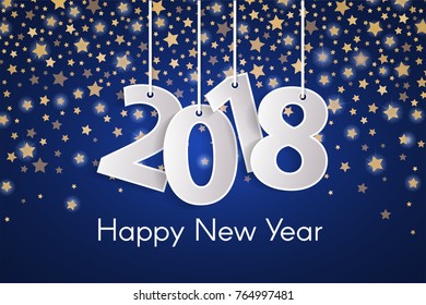 Blue Happy New Year 2018 greeting card concept with paper cuted white numbers on golden star fall background. Vector illustration