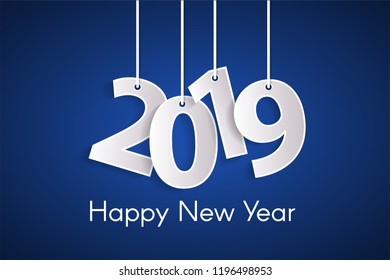 Blue Happy New Year 2019 concept with paper cuted white numbers on ropes. Vector illustration