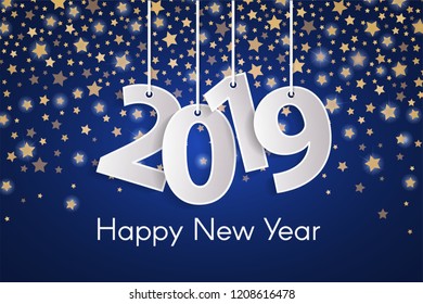 Blue Happy New Year 2019 greeting card concept with paper cuted white numbers on golden star fall background. Vector illustration