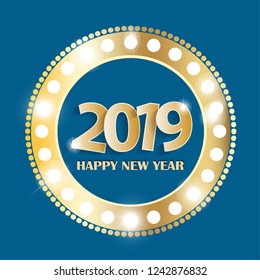 Blue Happy New Year 2019 greeting card concept with golden numbers in vintage shining gold ring. Vector illustration