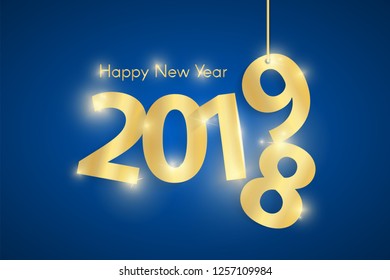 Blue Happy New Year 2019 concept with golden shiny paper cuted numbers on ropes. Vector illustration