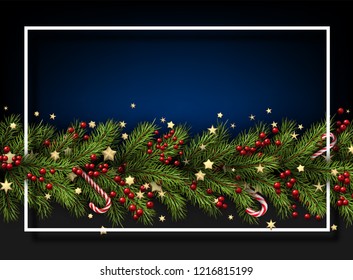 Blue Happy New Year and Merry Christmas poster with white frame, fir branches, holly, candy and starry confetti. Top view illustration. Vector background.
