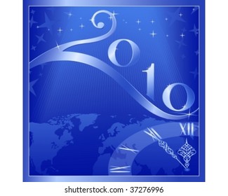 Blue 'Happy New Year and Merry Christmas 2010' card with clock at 5 minutes to 12. Use of global colors, blends, linear gradients.