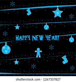 blue happy new year vector card with gingerbread man and xmas decorations