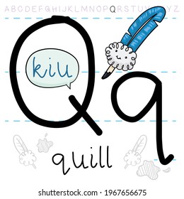 Blue happy quill ready to do its homework about the letter 'Q' and practicing its English pronunciation.