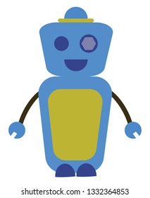 A blue happy robot with a yellow tummy and a blue hat, cartoon, vector, color drawing or illustration.