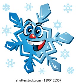 Blue happy snowflake, laughing. Isolated, vector illustration.