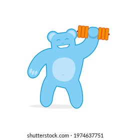 Blue happy teddy bear do exercise with dumbbells. Cartoon character isolated on white. Vector illustration for cards, invitations, posters and prints