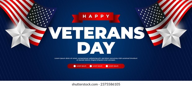 blue happy veterans day banner with american flag elements