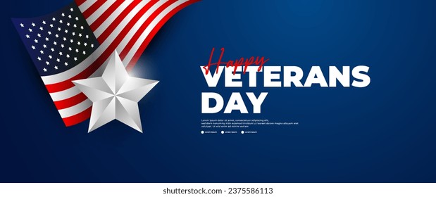 blue happy veterans day banner with american flag elements