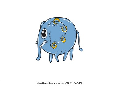 Blue happy walking elephant with piercing vector emoticon icon