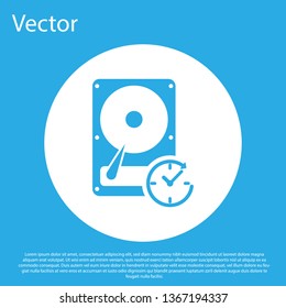 Blue Hard disk drive with clockwise sign, data recovery icon isolated on blue background. White circle button. Flat design. Vector Illustration