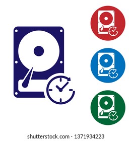 Blue Hard disk drive with clockwise sign, data recovery icon isolated on white background. Set color icon in circle buttons. Vector Illustration