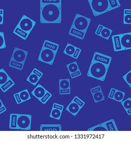 Blue Hard disk drive (HDD) icon isolated seamless pattern on blue background. Vector Illustration