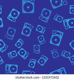 Blue Hard disk drive (HDD) sync refresh icon isolated seamless pattern on blue background. Vector Illustration
