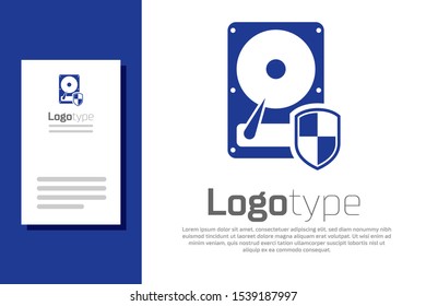 Blue Hard disk drive HDD protection icon isolated on white background. Logo design template element. Vector Illustration