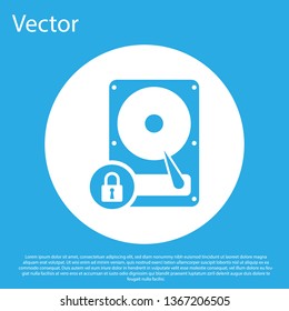 Blue Hard disk drive and lock icon isolated on blue background. HHD and padlock. Security, safety, protection concept. White circle button. Vector Illustration