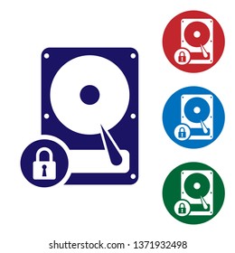 Blue Hard disk drive and lock icon isolated on white background. HHD and padlock. Security, safety, protection concept. Set color icon in circle buttons. Vector Illustration