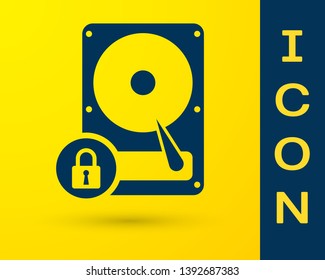 Blue Hard disk drive and lock icon isolated on yellow background. HHD and padlock. Security, safety, protection concept. Vector Illustration