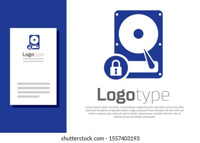 Blue Hard disk drive and lock icon isolated on white background. HHD and padlock. Security, safety, protection concept. Logo design template element. Vector Illustration