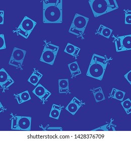 Blue Hard disk drive with screwdriver and wrench icon isolated seamless pattern on blue background. Adjusting, service, setting, maintenance, repair, fixing.  Vector Illustration