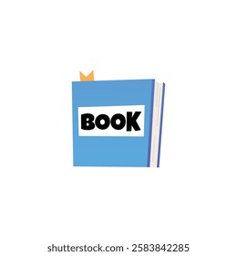 Blue hardcover book with bookmark vector flat illustration. Cartoon kids notepad. School textbook or library literature isolated on white background. Education, interesting read leisure, fairy tale