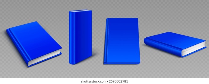 Conjunto de maquete de livro de capa dura azul exibido de diferentes ângulos mostrando a lombada lateral, frente e vistas de perspectiva. Coleção de modelos 3D com capas em branco para apresentação de publicação ou design de marca.