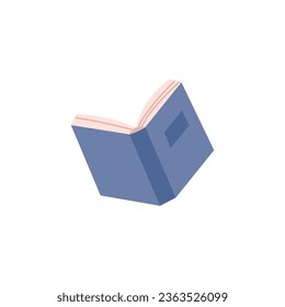 La cubierta dura azul abrió un libro con las páginas revoloteando. Cartel abierto en el aire. Vector aislado libro de texto o literatura escolar, diccionario y enciclopedia, biblioteca o librería. Concepto de examen y educación