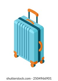 Blue hard-shell suitcase with wheels. Isometric style luggage. Vector illustration isolated on white background