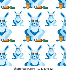 Blue hare eats carrots and drinks carrot juice. Image is isolated, seamless pattern. Vector
