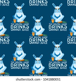 Blue hare eats carrots and drinks carrot juice. Image is isolated, seamless pattern. Vector
