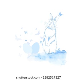 Blue Hare with watercolor. Happy easter. Vector illustration