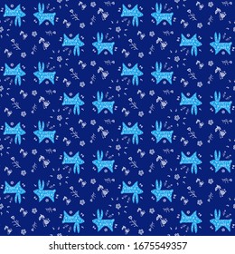 blue hares in colors on a blue background