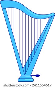 Blue harp illustration on white background. Simple line art of classical music instrument. Elegant stringed instrument vector illustration.