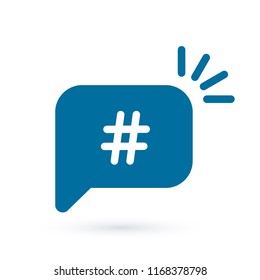 Blue hashtag icon inside сhat bubble. Button or notice. Vector illustration.