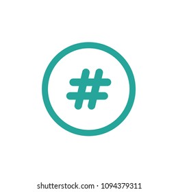 blue hashtag rounded icon in circle isolated on white. Number sign, hash, or pound sign. Social media, mark message, social networks, short messages, microblog 