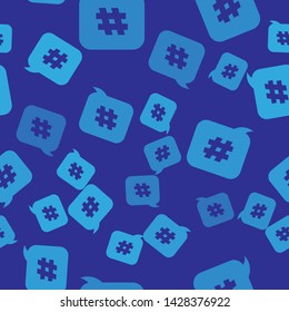 Blue Hashtag speech bubble icon isolated seamless pattern on blue background. Concept of number sign, social media marketing, micro blogging.  Vector Illustration
