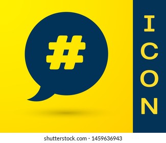 Blue Hashtag speech bubble icon isolated on yellow background. Concept of number sign, social media marketing, micro blogging.  Vector Illustration
