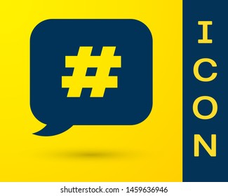 Blue Hashtag speech bubble icon isolated on yellow background. Concept of number sign, social media marketing, micro blogging.  Vector Illustration