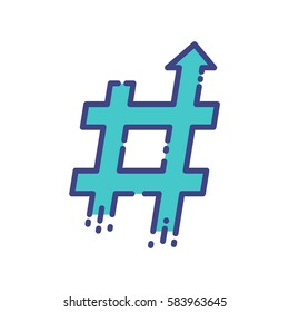 Blue hashtag symbol of trending topic with arrow up. Concept of number sign, social media and web communicate. Filled flat line style illustration.