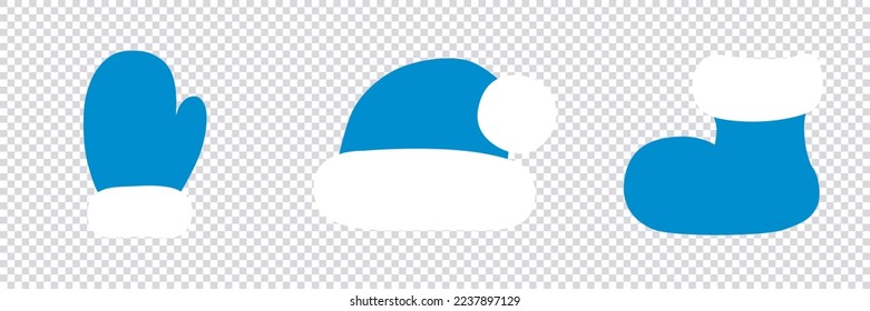 Blue hat, boot, and mitten on a white background. Isolated vector illustration. Set for winter designs, Christmas prints, paper, decors, stickers, invitations, and cards.
