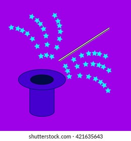 blue hat magician with a magic wand on a purple background