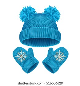 Blue Hat and Mitten Set Winter Accessories Warm Clothing. Vector illustration of knitted realistic christmas items with snowflake on blue. Cold winter fashion concept