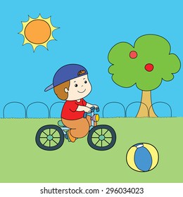 blue hat red shirt boy riding bicycle vector illustration