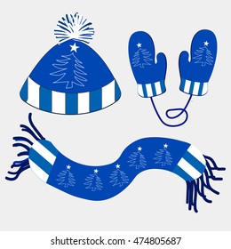 
blue hat, scarf and mittens