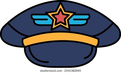 A blue hat with a star and an airplane on it. The hat is worn by a pilot