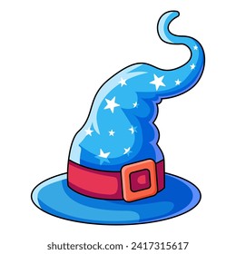 Blue hat with stars. Cartoon magic witch hat. Wizard cap for Halloween party costume. Vector cartoon illustration of fantasy old magician or sorceress hat.