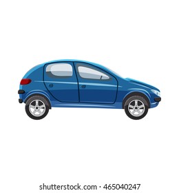 Blue hatchback car icon in cartoon style on a white background
